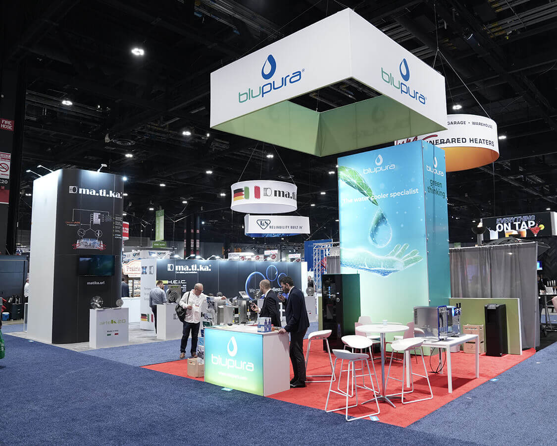 20x20 Exhibit Rental for Blupura at National Restaurant Association Show, Designed and Built by Exponents in Chicago, IL 20x20 Exhibit Rental for Blupura at National Restaurant Association Show, Designed and Built by Exponents in Chicago, IL