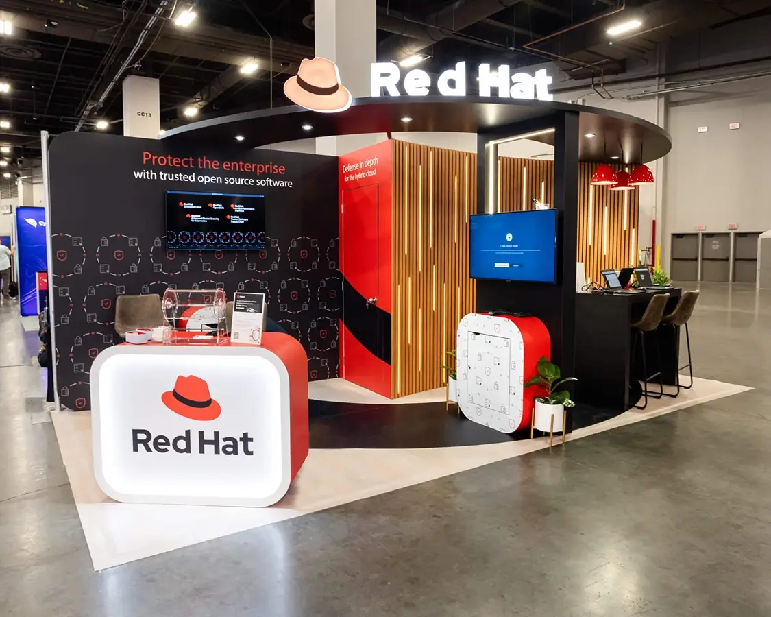 10×20 Exhibit Booth Rental for Red Hat At Black Hat, Designed and Built By Exponents in Las Vegas 10×20 Exhibit Booth Rental for Red Hat At Black Hat, Designed and Built By Exponents in Las Vegas