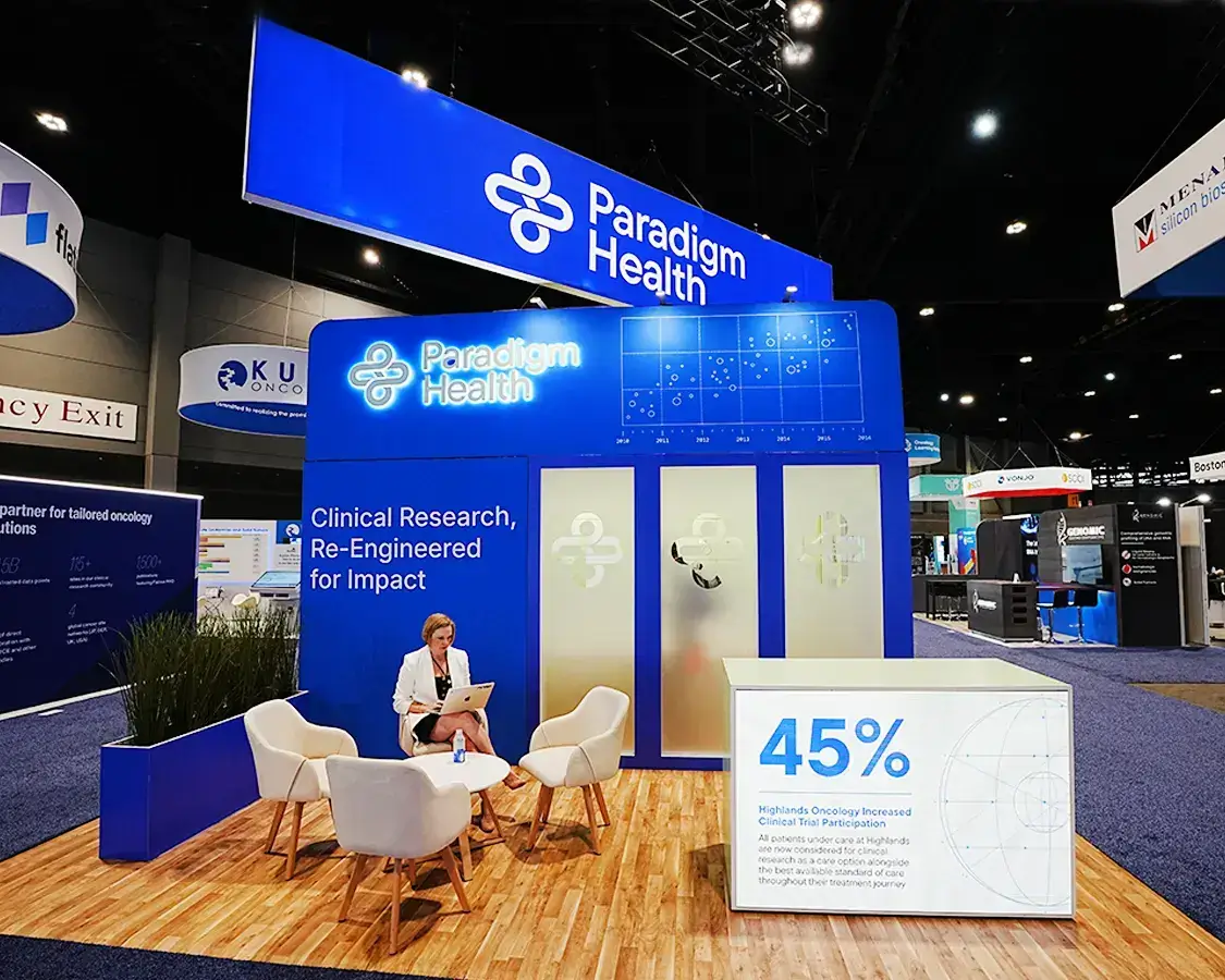 20x20 Booth Rental for Paradigm At ASCO, Designed and Built By Exponents in Chicago 20x20 Booth Rental for Paradigm At ASCO, Designed and Built By Exponents in Chicago