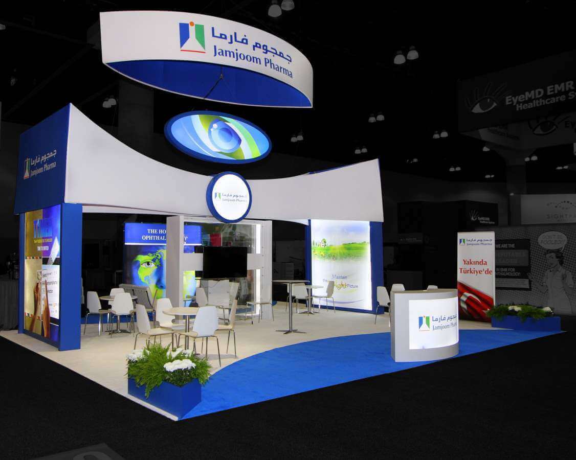 Custom 30x30 booth rental for Jamjoom Pharma, designed and built by Exponents at AAO, Las Vegas