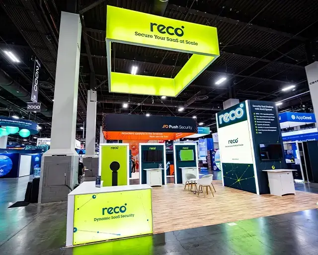 20×30 Exhibition Stand Rental for Reco at Black Hat, Designed and Built By Exponents in Las Vegas 20×30 Exhibition Stand Rental for Reco at Black Hat, Designed and Built By Exponents in Las Vegas
