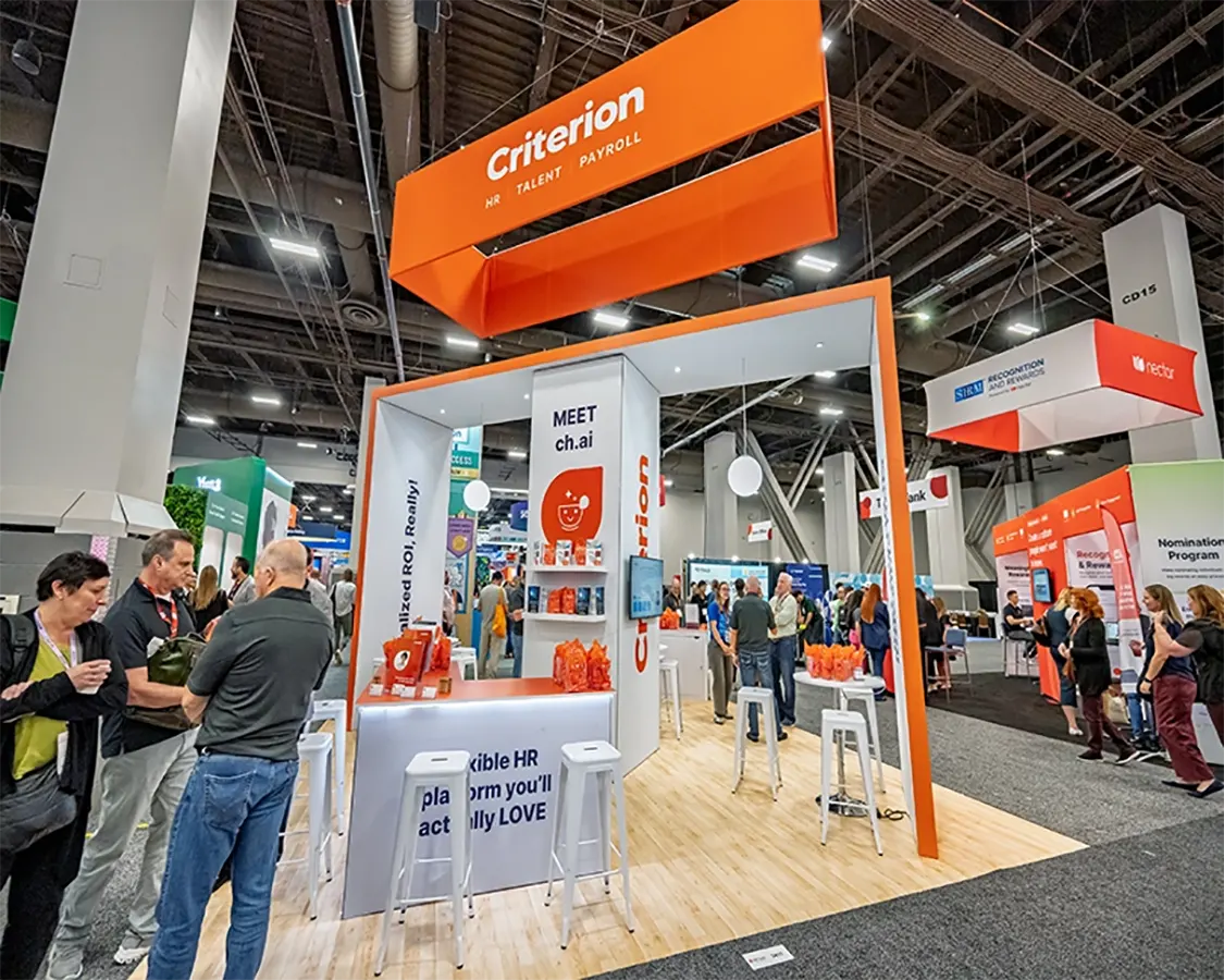 20x20 Trade Show Booth Rental for Criterion At HR Tech, Designed and Built By Exponents in Las Vegas 20x20 Trade Show Booth Rental for Criterion At HR Tech, Designed and Built By Exponents in Las Vegas