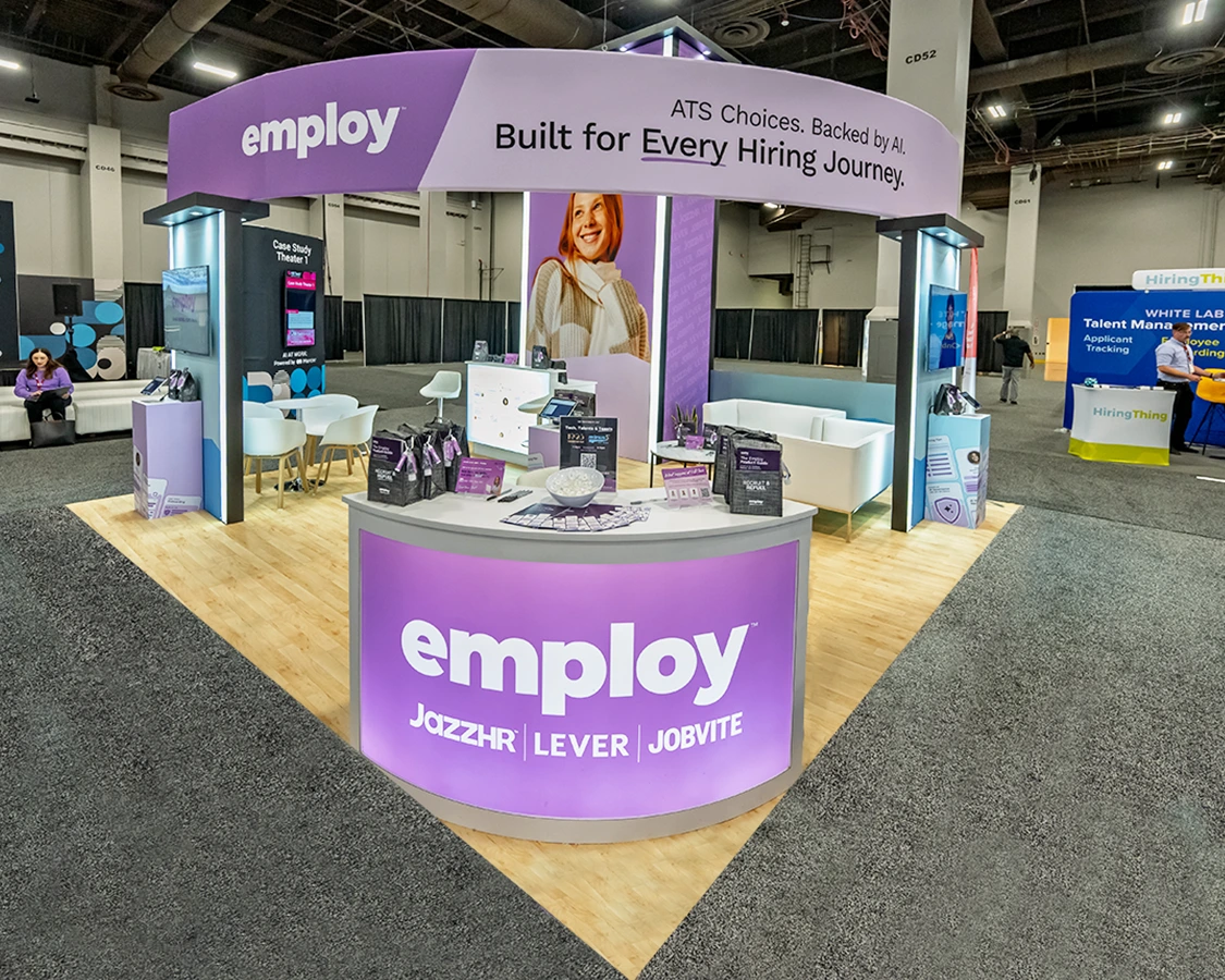20x20 Booth Rental for Employ at HR Tech, Designed and Built by Exponents in Las Vegas, NV