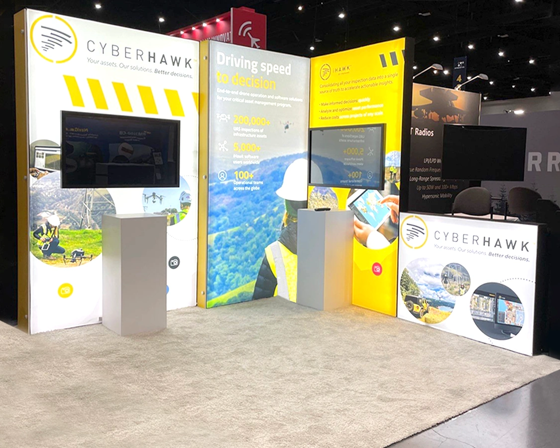 10x10 Trade Show Booth for Cyberhawk at AUVSI Xponential, Designed and Built by Exponents in San Diego, CA 10x10 Trade Show Booth for Cyberhawk at AUVSI Xponential, Designed and Built by Exponents in San Diego, CA