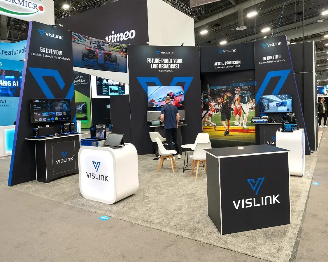 20x20 Exhibition Stand Rental Vislink at NAB Show, Designed and Built by Exponents in Las Vegas, NV