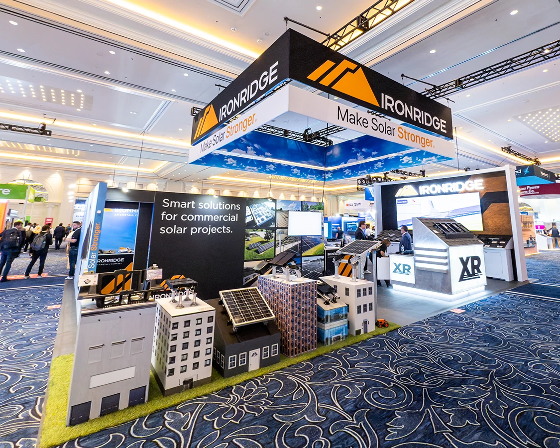 30x40 Trade Show Booths for Ironridge at RE+ 2025, Designed and Built By Exponents in Las Vegas, NV