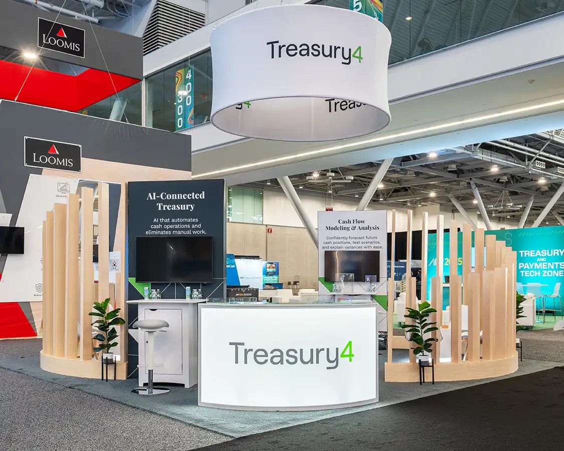 20x20 Trade Show Exhibit for Treasury4 at AFP 2025, Designed and Built By Exponents in Boston, MA 20x20 Trade Show Exhibit for Treasury4 at AFP 2025, Designed and Built By Exponents in Boston, MA