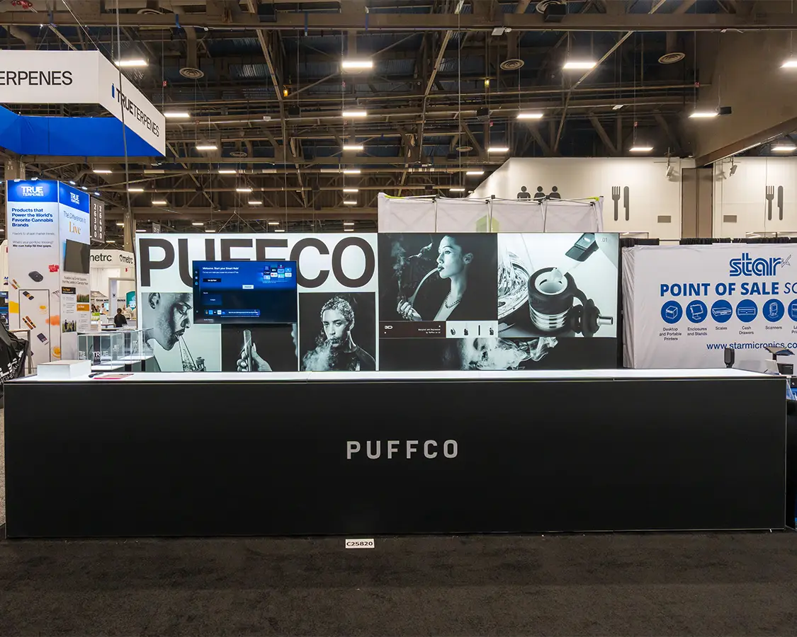 10x20 Booth Rental for Puffco at MJBizCon 2025, designed and built by exponents in Las Vegas, NV