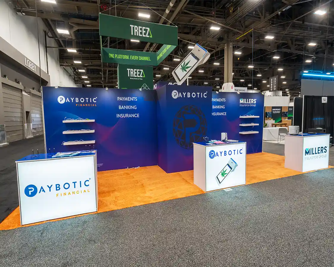 10x30 Trade Show Booth Rental for Paybiotic at MJBizCon 2025, designed and built by exponents in Las Vegas, NV