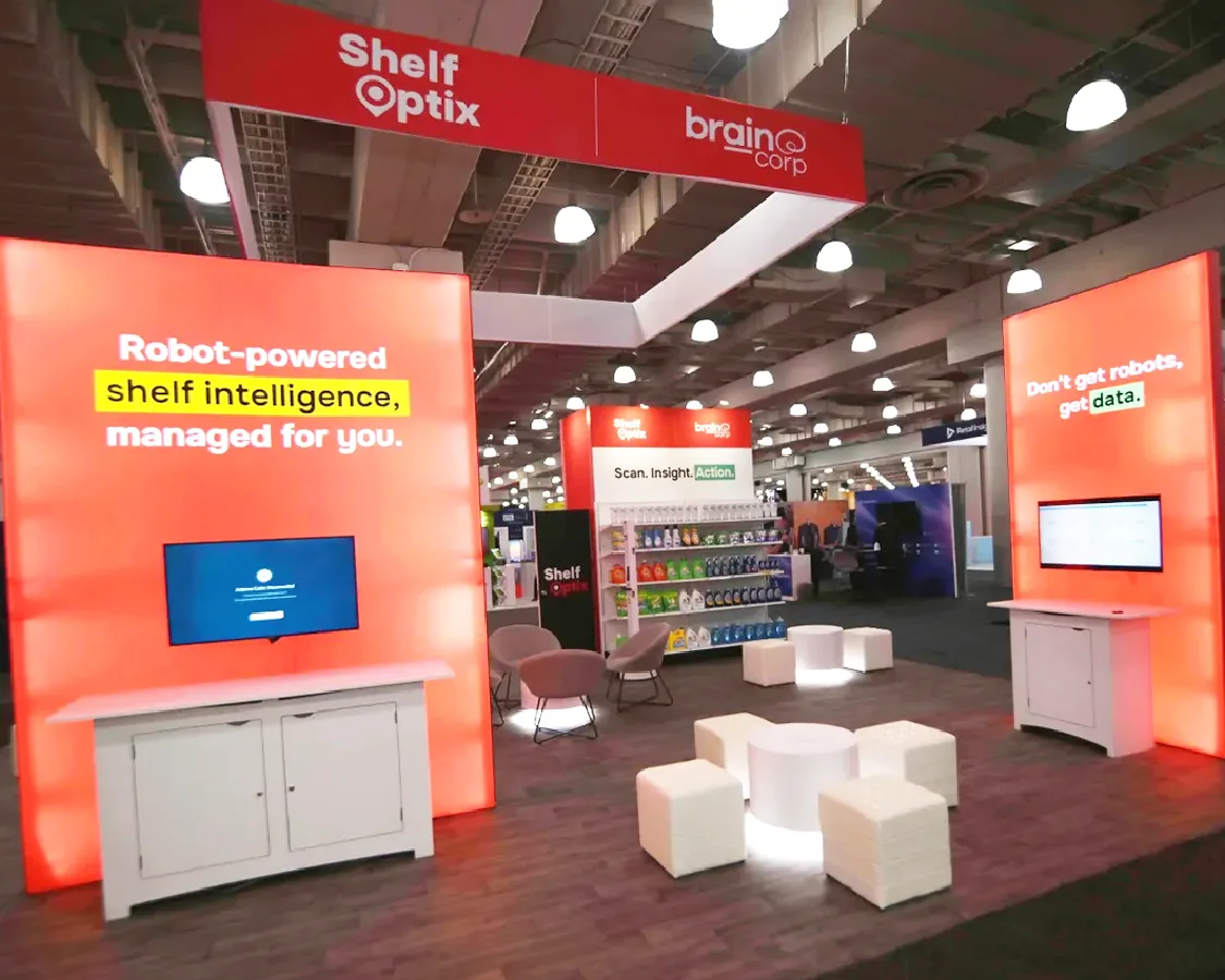 30x30 Custom Trade Show Booth for brain corp at NRF 2026, designed and built by Exponents in New York, NY