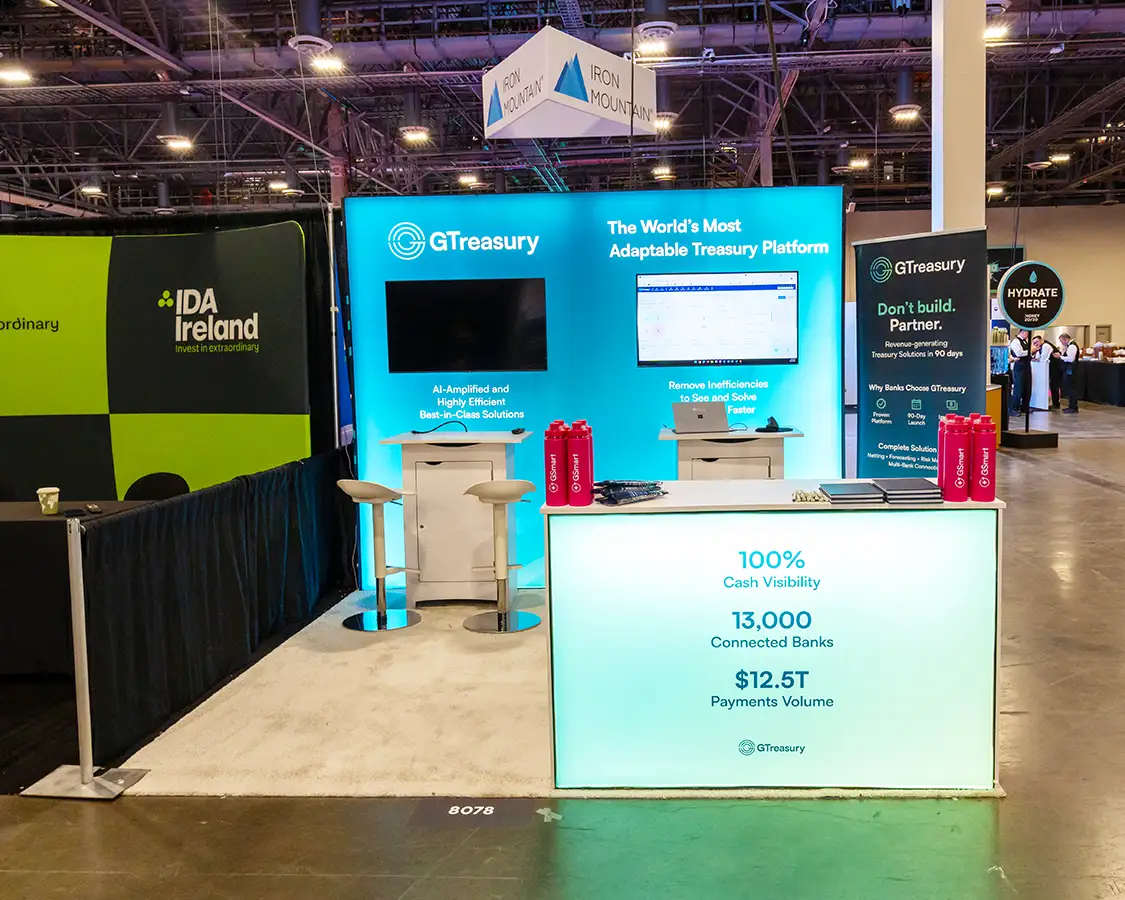 10x10 Custom Trade Show Exhibit for gtreasury at Money 20-20 2025, designed and built by exponents in Las Vegas, NV