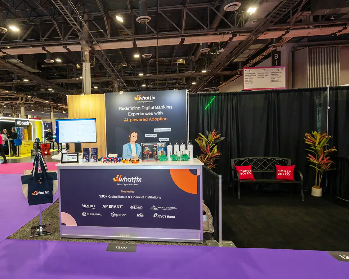 10x10 Trade Show Exhibit Rental for whatfix at Money 20-20 2025, designed and built by exponents in Las Vegas, NV