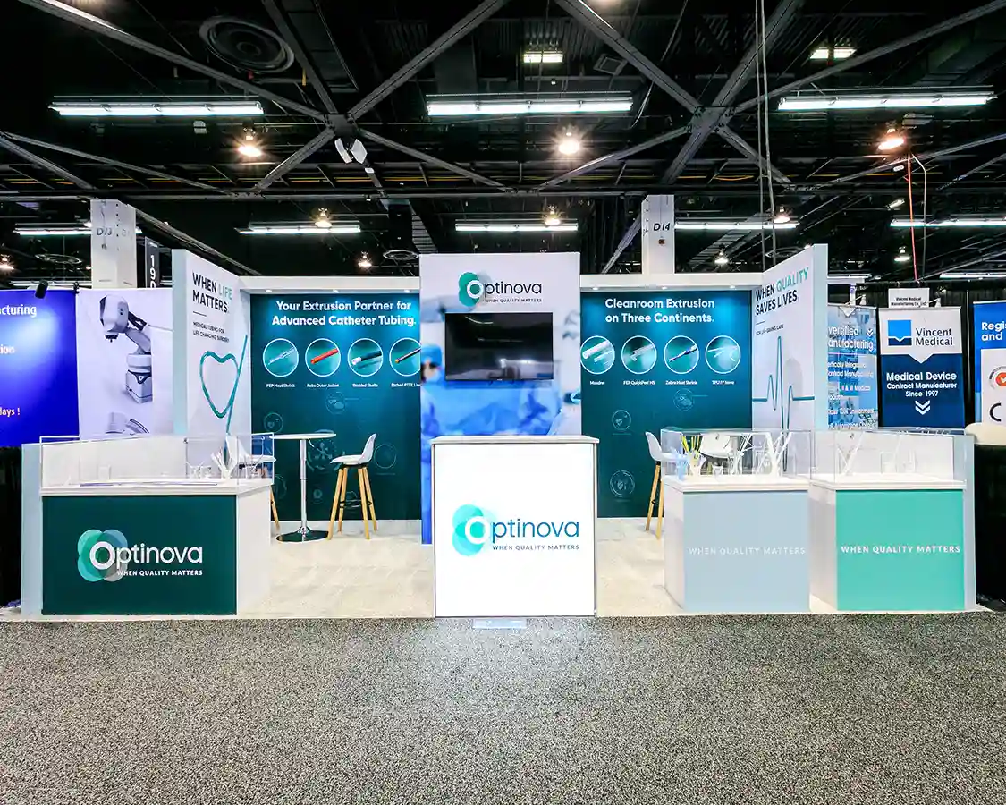 10x20 Custom Trade Show Booth Rental for Optinovaat MD&M West 2026, designed and built by exponents in Anaheim, CA