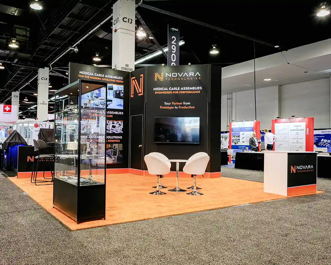 20x20 Custom Trade Show Booth for Novara at MD&M West 2026, designed and built by exponents in Anaheim, CA 20x20 Custom Trade Show Booth for Novara at MD&M West 2026, designed and built by exponents in Anaheim, CA