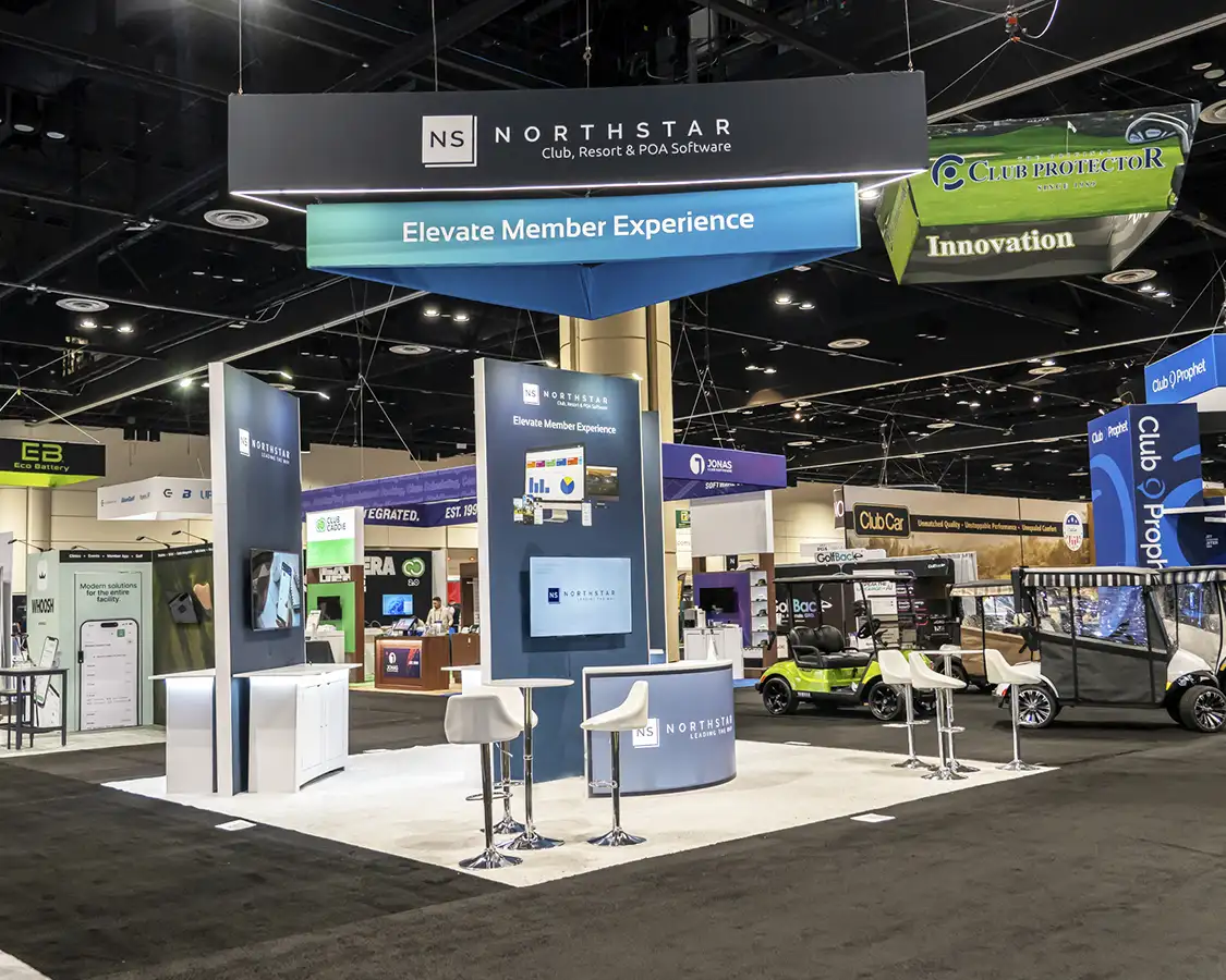 20x20 Trade Show Booth Rental for Global star at PGA 2026, designed and built by exponents in Orlando, FL