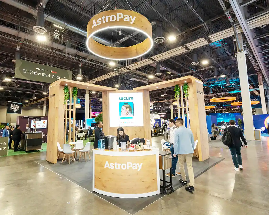 20x20 Trade Show Exhibit for Astropay at Money 20-20 2025, designed and built by exponents in Las Vegas, NV 20x20 Trade Show Exhibit for Astropay at Money 20-20 2025, designed and built by exponents in Las Vegas, NV