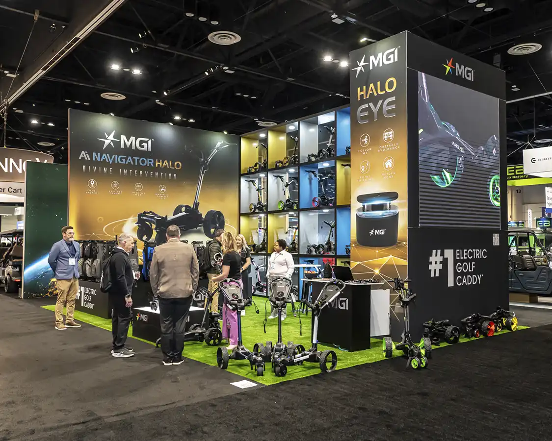 20x30 Trade Show Booth Rentals for MGI at PGA 2026, designed and built by exponents in Orlando, FL