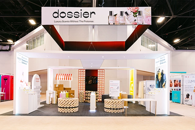 26 x 29.25 Custom Exhibit Rental for Dossier at Cosmoprof North America, Designed and Built by Exponents in Miami, FL 02