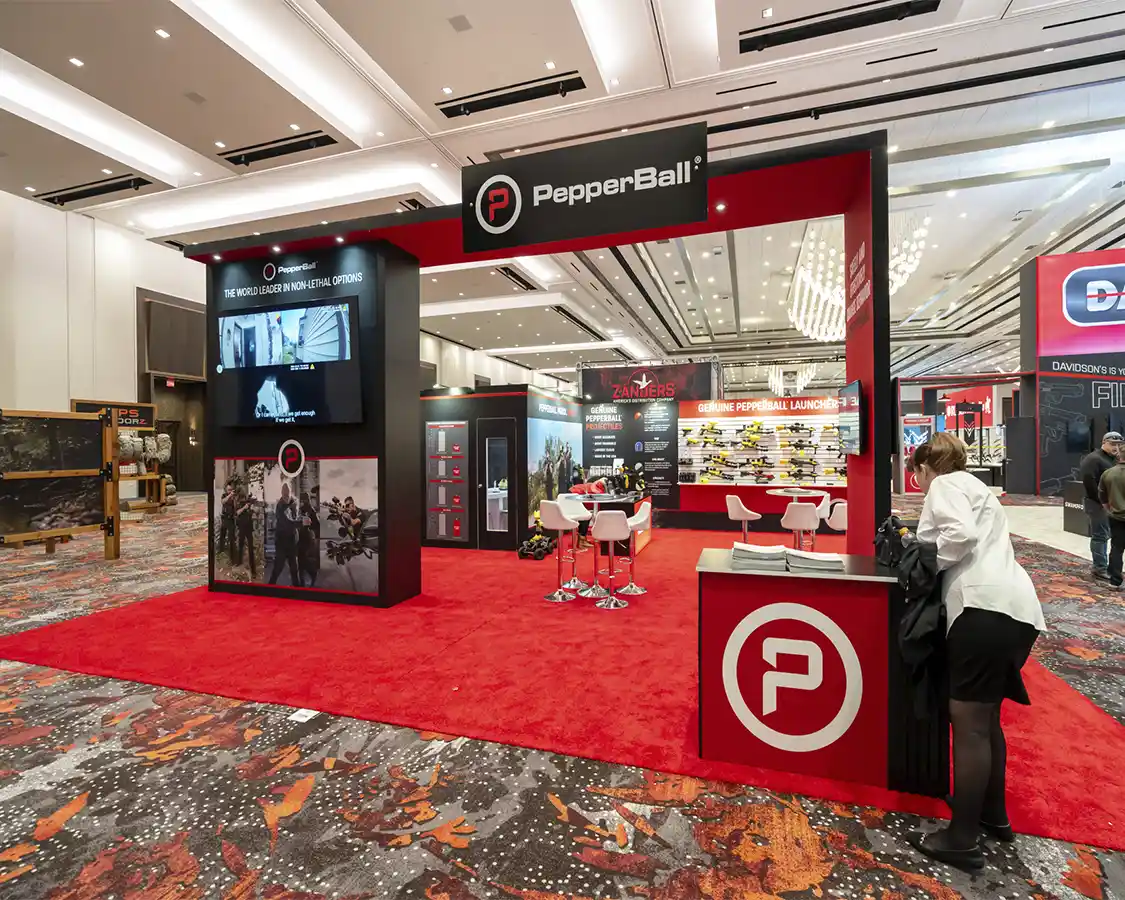 30x30 Trade Show Exhibit for Pepperball at Shot Show 2026, designed and built by exponents in Las Vegas, NV