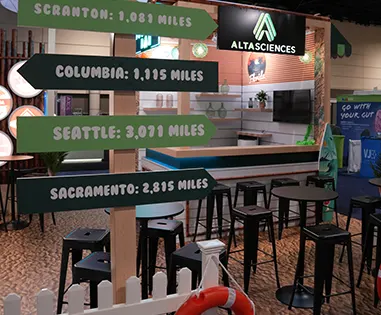 Custom booth rental prop featuring directional signs to Altasciences offices