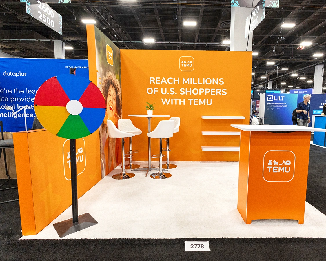 10x10 Trade Show Exhibit Rental for temu at Shoptalk 2026, Designed and Built By Exponents in Las Vegas, NV