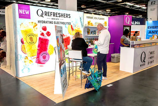 10x20 Trade Show Display Rental for Q Drinks at NPEW, Designed and Built by Exponents in Anaheim, CA 01