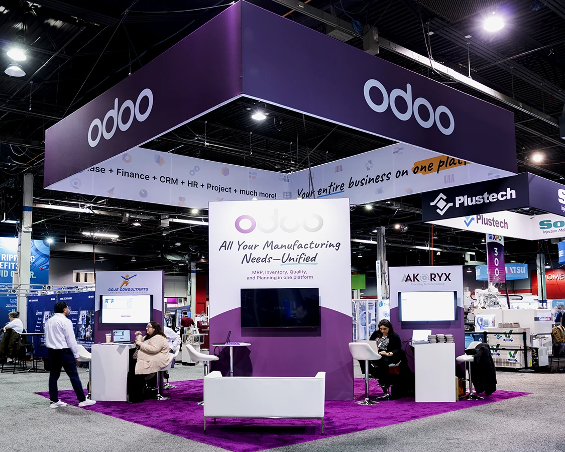 20x20 Trade Show Exhibit Rental for Odoo at PTXPO 2026, Designed and Built By Exponents in Rosemont, IL
