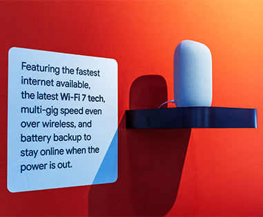 Google Fiber product display shelf with internet speed message and device setup