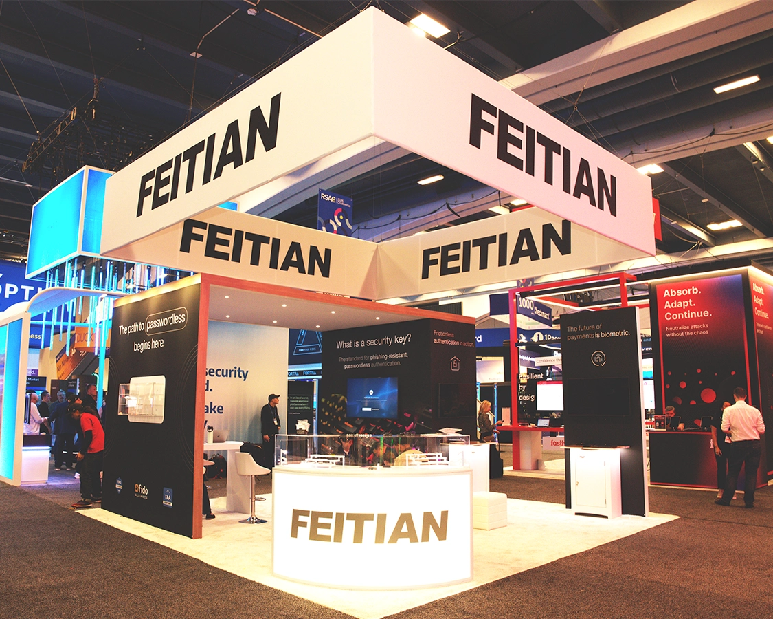 20x20 Custom Trade Show Exhibit for Feitian at RSA Conference 2026, Designed and Built By Exponents in San Francisco, CA