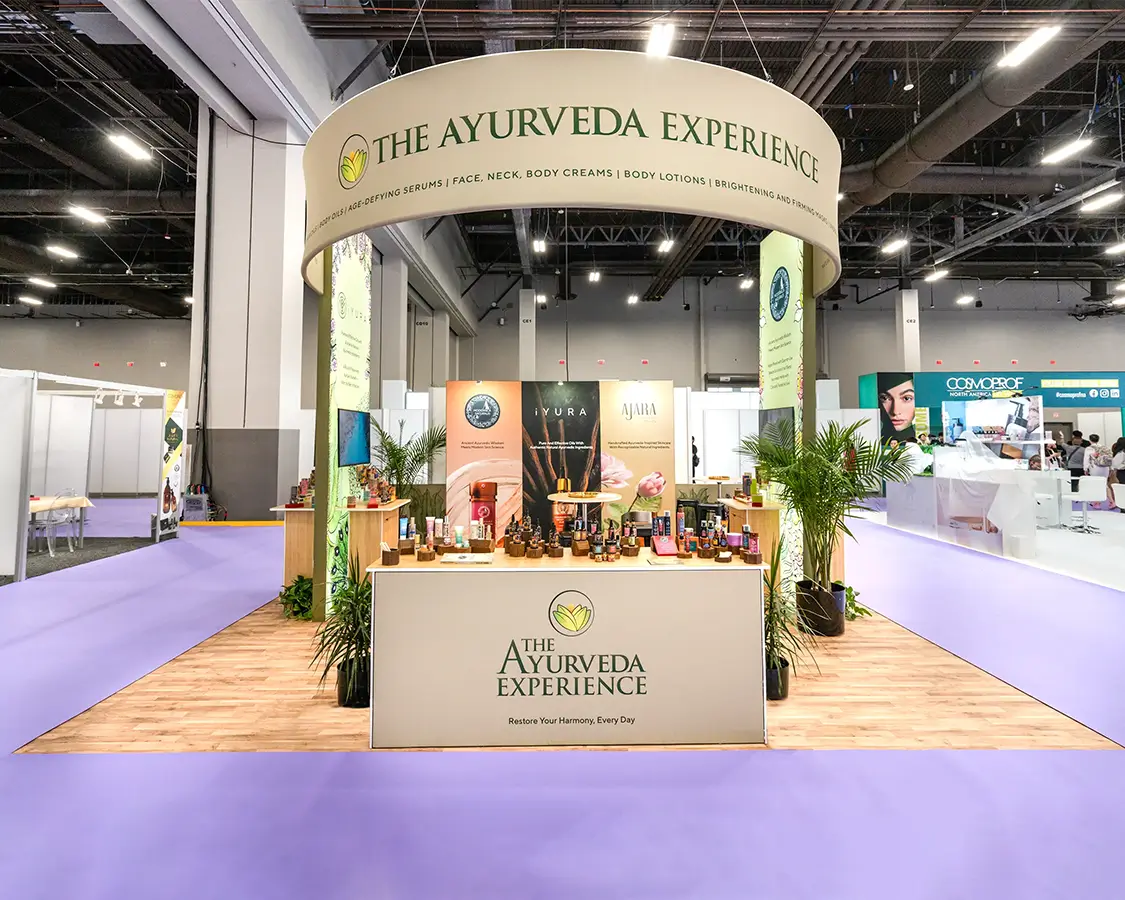 20×20 Exhibition Stand Rental for The Ayurveda at Cosmoprof Show, Designed and Built By Exponents in Las Vegas 20×20 Exhibition Stand Rental for The Ayurveda at Cosmoprof Show, Designed and Built By Exponents in Las Vegas