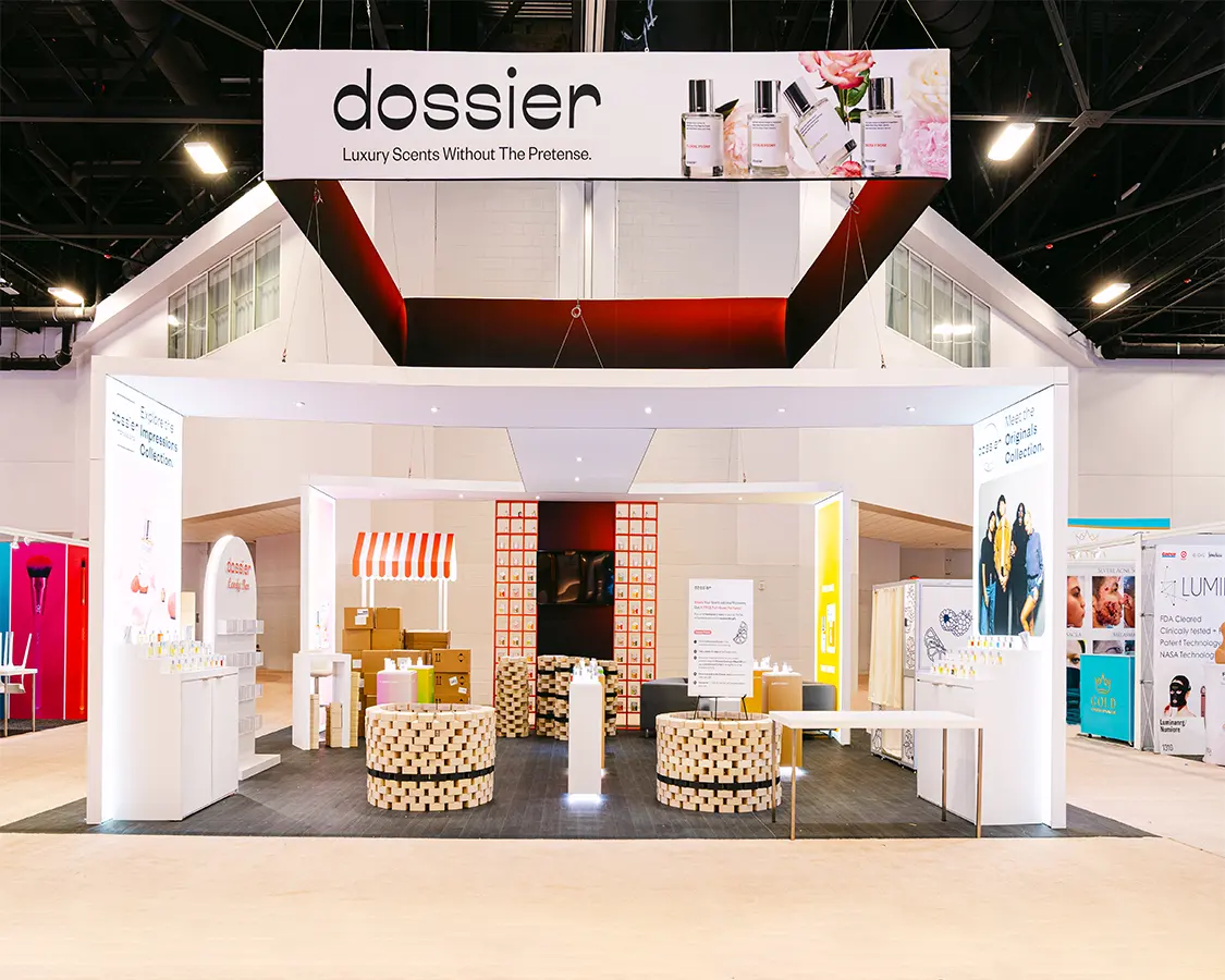 30x30 Exhibition Stand Rental for Dossier at Cosmoprof North America, designed and built by Exponents in Miami, FL