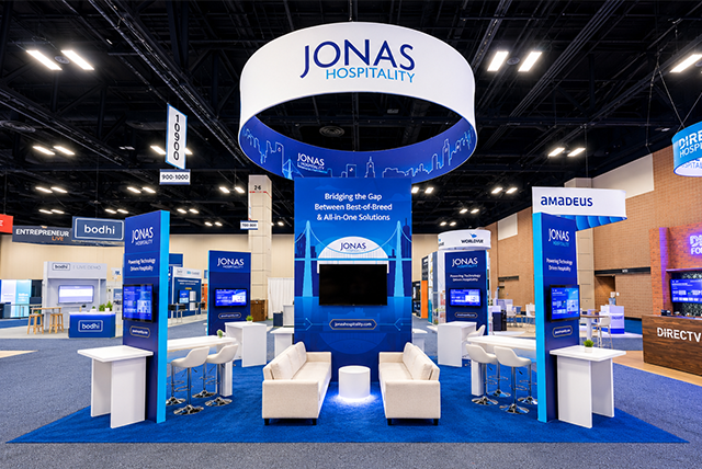 20x20 Trade Show Booth for Jonas Hospitality at HITEC, Designed and Built by Exponents in San Antonio